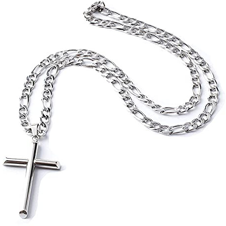 Collar de cadena plana de oro blanco de 14 quilates con cruz plana regalo para hombres, mujeres, marido, esposa corte diamante cruz religiosa barbada collar de eslabones cubanos de 5 mm chapado en oro