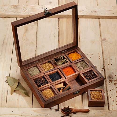 Ajuny Boîte à épices en bois avec 12 compartiments - Boîte de Rangement pour Vos Condiments, Sachets de Thé, Dosettes de café avec Couvercle en Verre Idéale pour Toute Décoration Créative