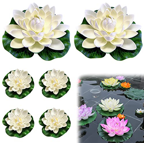 6 pièces Faux Lotus Artificiel de Fleurs Flottantes, Nénuphar Artificiel Blanc, Mousse Flottante Plantes pour Jardin étang Piscine Aquarium Terrasse Mariage