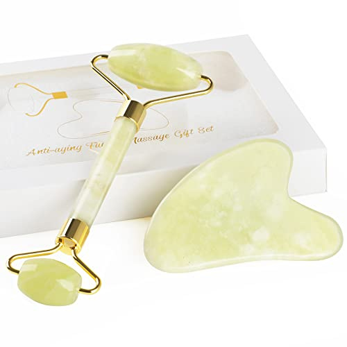 Gua Sha Jade Roller per Viso, GeeRic Gua Sha Tool Rullo di Giada per Massaggio Facciale Tool Set Naturale Jade Roller in Pietra di Lenire Elimina Gonfiore Degli Occhi Pelle per Viso Collo Corpo Giallo