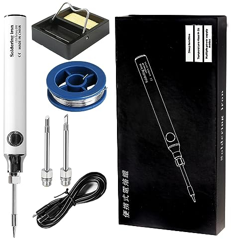 Treedix Soldering Iron Kit, 8W Welding Tools with Adjustable Temperature 330 to 450℃, Cordless Electric Soldering Iron/USB Charging Cable/Soldering Stand/3pcs Tips for Soldering and Repair (White)