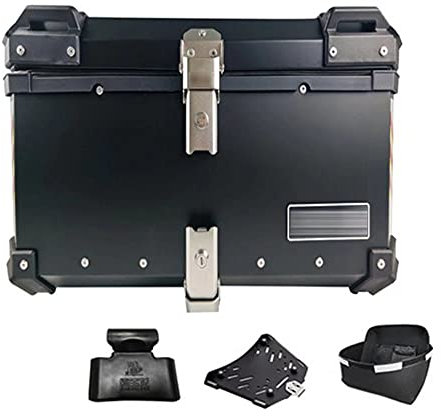Baúl de motocicleta Aluminio, Caja superior trasera de motocicleta Almacenamiento de equipaje de maletero trasero, 65L - 57 X 38.5 X 31.2Cm Caja superior de motocicleta con respaldo suave y sistema de