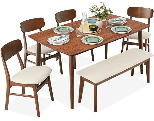 Best Choice Products 6-Piece Wooden Dining Set, Mid-Century Modern Table & Upholstered Chair Set w/Bench Seat, Rubberwood Legs - Walnut/Cream