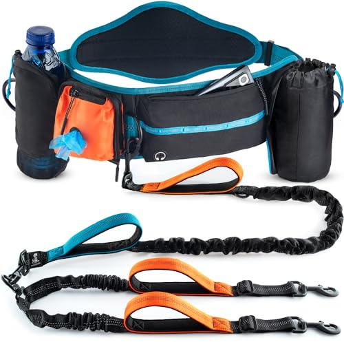SparklyPets Correa elástica doble para perro con soporte trasero, riñonera para correr con bolsillos para teléfono y golosinas