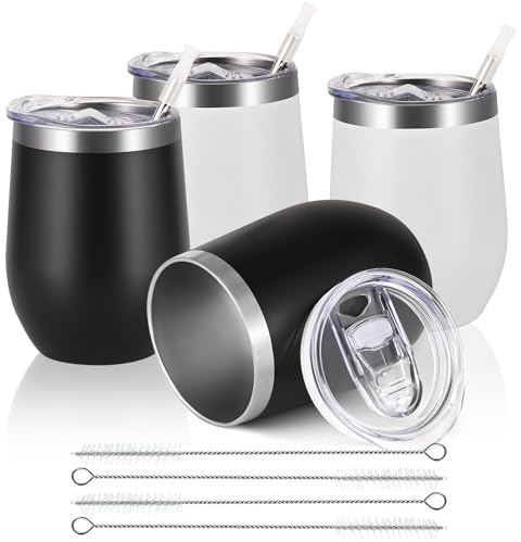 Joymaking Reusable Coffee Cup, Double Walled -Insulated Travel Mug Vacuum Stainless Steel Wine Tumbler with Spill Proof Lid, Great for Hot Cold Drinks Coffee Wine, 4 Piece Set 12 Oz Black White
