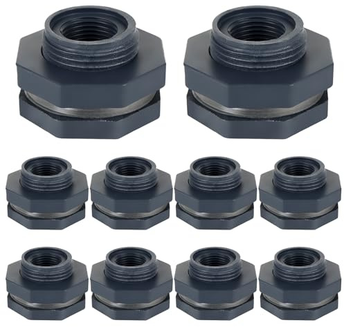 YOUNTHYE 10PCS Bulkhead Fitting 1/2 inch Double Threaded Bulkhead Water Tank Connector PVC Bulkheads Fitting Threaded Thru-Bulk Pipe Fittings for Rain Barrels, Aquariums, Ponds, Water Tanks