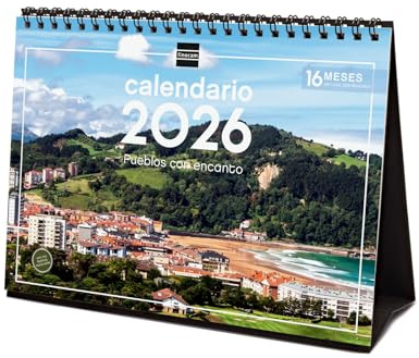 Finocam - Calendrier de bureau 2026 mois vue janvier - décembre 2026 + sept. - Déc. 2025 (4 mois) réduits | Calendrier 2026 | Images de villages de charme - Espagnol