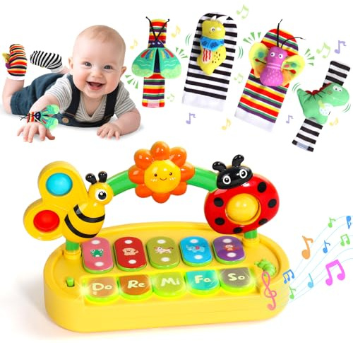 jerryvon Giochi Musicali Neonato 6 Mesi- Montessori Insetto Pianoforte, 4 Sonaglio Giocattolo, Giochi Bambini 1 Anno Musica e Luci Giocho Compleanno Regali per 6-12 Mesi 12-18 Mesi Maschio Bimba