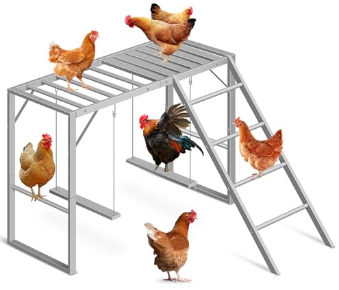 Chicken Coop Perches with Swing, Metal Chicken Toys for Hens with 2 Swings & Ladder, Chicken Run Accessories for Healthy Pets, Durable & Easy Clean Poultry Playground for Backyard Farm