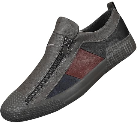 Chaussures pour hommes Patchwork Chaussures en cuir Toile Chaussures plates Pieds larges Chaussures de course avec fermeture éclair Chaussures pieds nus avec dessus en cuir Semelle souple Mocassins