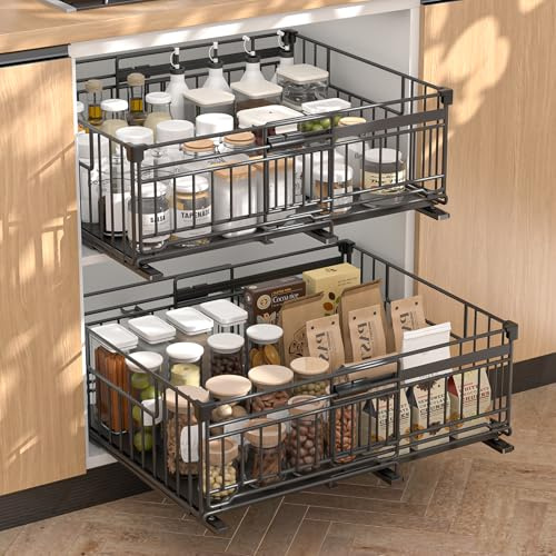 Vankarr 2 Piezas Cajones Extraibles para Cocina Bandeja Extraible Armario cajon Telescopico Cocina,Ancho Ajustable 32.5-50cm,Para Almacenaje y Organizador en Hogar Negro