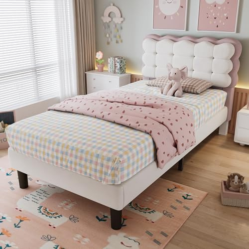 BTM Upholstered Single Bed, Children's Bed with Biscuit Shape Velvet BVackrest, Single Bed Frame, Velvet+Plywood, Beige+Pink, 3ft-90x190cm(No Mattress)