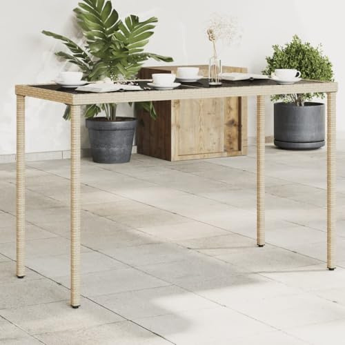 VIHHQGC Modern Garden Table with Clean Lines for Patio, Outdoor Dining Table with Tempered Glass Top, Garden Furniture Set Poly Rattan with Steel Frame, Beige 115x54x74 cm