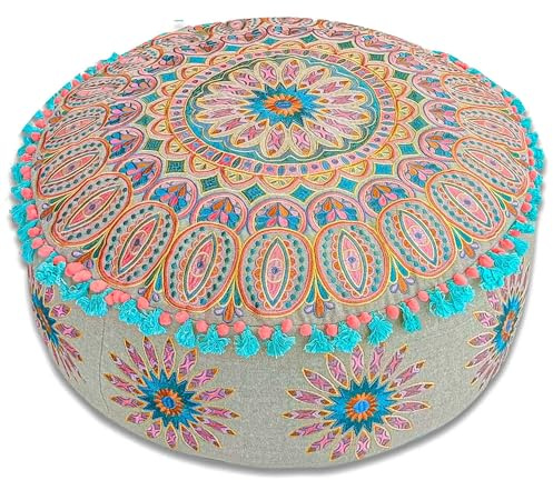 Mandala Life ART Bodenkissenbezug mit Quasten & Ponpon, marokkanisch, groß, Schlafzimmer-Dekor, runder Pouf, Ottomane, Boho-Chic, Sitzbereich, Sitzsack, Hocker, Baumwolle, 61 x 20 cm, ungefüllt