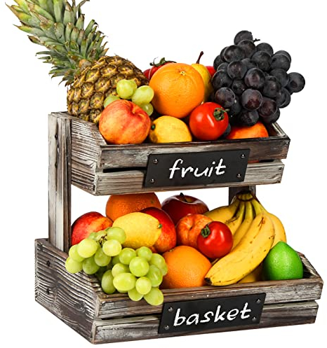 J JACKCUBE DESIGN Farmhouse Décor Rustic Wood 2 Tier Fruit Basket with Chalkboards, Vegetable and Produce Storage Bin Display Stand, Wooden Box for Bread, Snack, Countertop Organizer - MK568A
