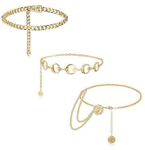 Dochais 3 Stück Punk Metall Taillenkette,Damen Mode Metall Kettengürtel, Verstellbare Körper-Taillenkette, Mode Jeans Rock Zubehör