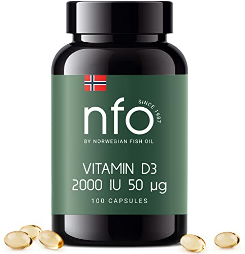 NFO VITAMINA D3 2000 [100 Capsule] Complesso naturale norvegese ad alta dose di vitamina D 2000 UI (50 μg) in forma di colecalciferolo +30% più efficace Rafforza il sistema immunitario e l'organismo