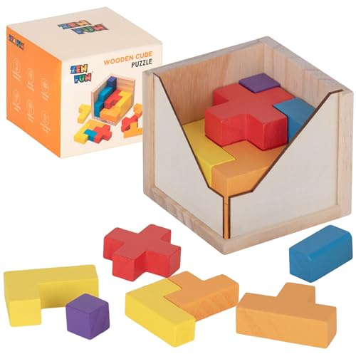 Zen Fun Wooden Brain Teaser Puzzle Cube - Montessori Toy Colorful Cube Puzzle for Kids Ages 5-7 and Easy Mind Puzzle for Adults - 20 Pieces