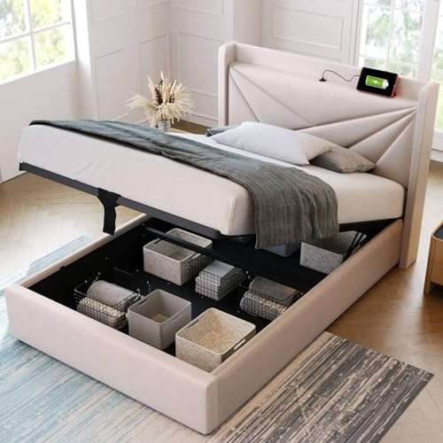 KOMHTOM Lit Simple Rembourré avec Rangement sous Lit, Lit Plateforme Capitonné avec Tête de Lit, Cadre de Lit, Sommier à Lattes en Bois, Beige(sans Matelas) (90x200CM)