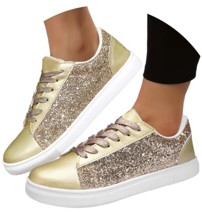 Minetom Damen Pailletten Sneaker Glitzer Schuhe Flache Low Outdoor Laufschuhe Schnürsenkel Walkingschuhe Sportschuhe B Gold 37 EU