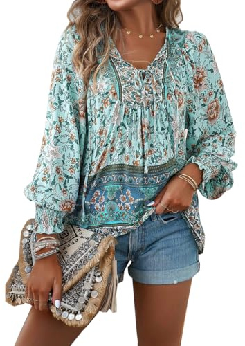PHLCEhot Women Long Sleeve Tunic Tops Floral Boho Loose Chiffon Pullover Blouse Light Blue