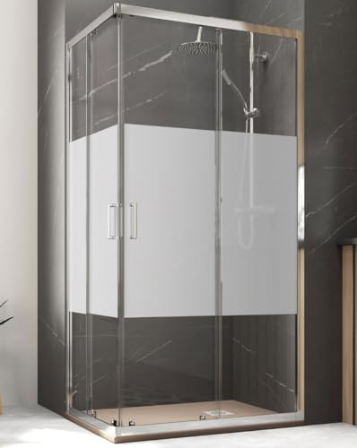 Mampara Ducha Rectangular Angular Corredera 2 Puertas 2 Fijos | Cristal 5mm Antical Serigrafía | Perfil Cromo 130cm (Adaptable 126,5-128,5cm) X 90cm