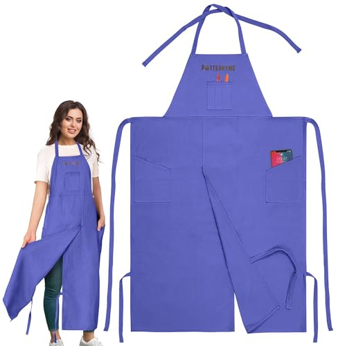 Potterhyme Full Coverage Pottery Apron Split Leg - 100% Cotton Canvas Potter's & Ceramics Aprons with Pockets for Women & Men (Voilet)