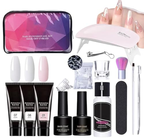 Kit di gel per unghie Builder, kit gel di prolungate Poly,3 colori Gel di colla per builder con set top coat lampada per chiodi | Forniture di manicure professionali per principianti