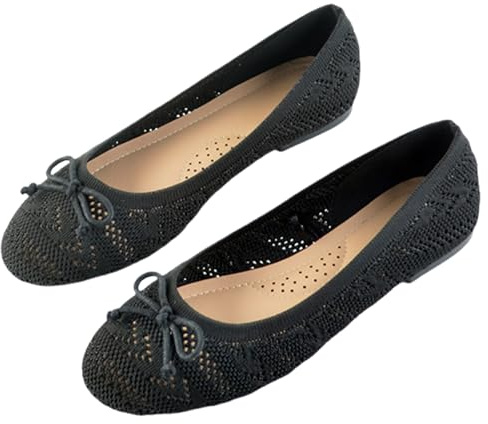 Clearance UK 6.5 Cute Bow Flats Shoes for Ladies Women Comfortable Crochet Lace Mesh Round Toe Slip on Woven Knit Ballet Flat Dress Shoes Ballerina Pumps Black Footwear