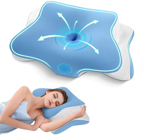 APCE Almohada Cervicales y Cuello Viscoelástica, Almohada Cervical Ergonómico Ortopédica para Soporte de Cabeza/Cuello/Hombro, con Funda de Almohada de Seda Refrescante Lavable, 66x39x10/13cm, Azul