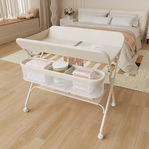 Table à Langer, Pliable, Réglable en Hauteur, Jusqu'à 15 kg, 0-36 Mois, Organiseur de Couches, 5 niveaux réglables, panier de rangement à suspendre pour nouveau-né, 75 * 68 * 83-91cm (A) Blanc crème