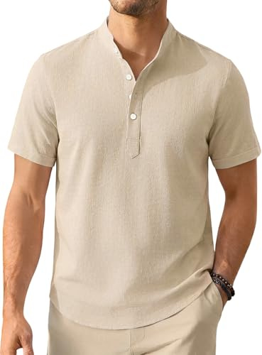 Enlision Camicia Uomo Maniche Corte Lino Camicia Estiva Uomo Elegante Collo Coreana Casual Spiaggia Maglietta Lino con Bottoni Cachi L