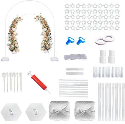 Joyawadori Kit de arco de globos, soporte de arco de globos, palos y soportes para globos, con base rellenable de agua, postes de fibra, clavijas de anclaje al suelo y bomba, para bodas, fiestas de