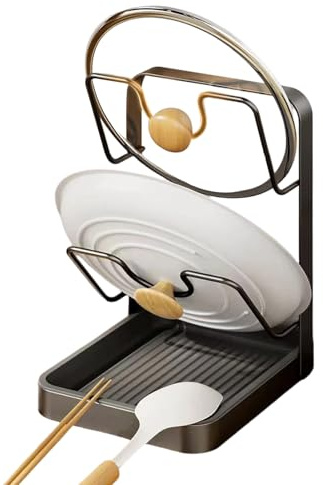 Support Couvercle Casserole, Porte Couvercle Cuisine, Organiseur Couvercles De Casserole Avec Repose Cuillère Cuisine, Porte Cuillere Cuisines, Range Couvercles Cuisines Avec Bac D'égouttage(D-)