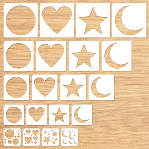 MWOOT Plantillas Círculos para Pintura, 20 Plantillas Reutilizables para Manualidades, DIY Plantilla Dibujo Redonda,Luna,Estrellas y Corazones para Madera, Lienzo, Pared, Tela, Decoración del Hogar