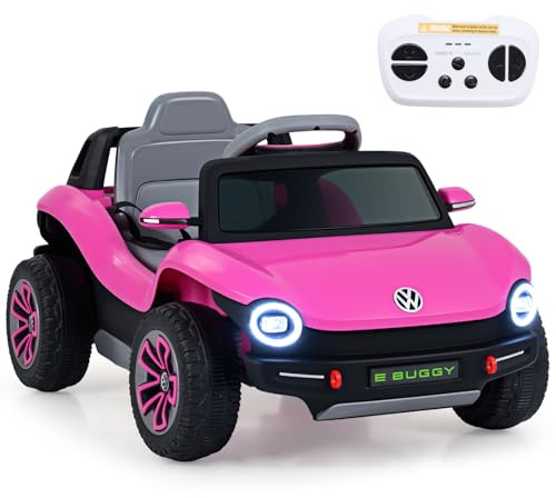 COSTWAY 12V Kids Ride on Car, Licensed Volkswagen Electric Vehicle with Remote, Storage, Horn, Music, Wireless Connection, Spring Suspension & LED Headlights, Battery Powered Ride on Toy (Pink)