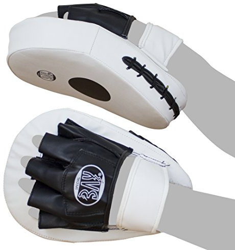 BAY® LEDER-PU ERGO WEISS Pratzen, Handpratzen, vorgekrümmt, 2 Stück, weiß / schwarz, Pratzen, krumm, 2 Stück, Schlagpolster Herren Lady Frauen Damen Mädchen Kinder Schlagkissen Trainerpratzen Schlagpratzen Schlagmitts Mitt Mitts Coachingpratzen Kickboxen Karate Taekwondo Muay Thai Thaiboxen Tae Kwon Do Handschlagpolster 2er Set
