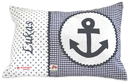 Glückspilz Namenskissen Babykissen I Anker Maritim I mit Namen personalisiert I Geschenk zu Geburt, Taufe, Geburtstag I Blau Pink I 25 x 35 cm