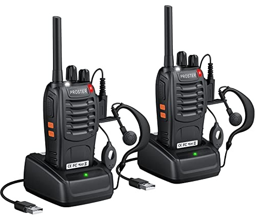 Proster Walkie-talkies med 16 kanaler, uppladdningsbar walky-talky med USB-laddare, hörlurar, röstmeddelande, 1 par