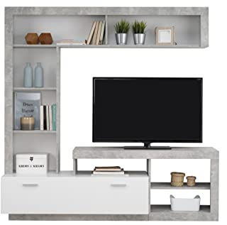 AVANTI TRENDSTORE - Glendo - Parete multimediale in legno laminato nel colore grigio cemento e bianco con tanti vani aperti e una porta a ribalta. Dimensioni LAP 171x171x42 cm