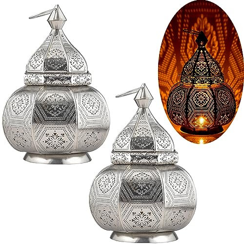 Set di 2 lampade e lanterne Marrakech in metallo, 30 cm, in argento, decorazione orientale