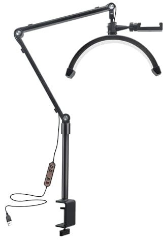 Andoer Lámpara LED de vídeo de 10 W, regulable, lámpara de media luna, 3200 K-5600 K, lámpara LED de suelo para pestañas con cable USB, abrazadera C, soporte para vlogging, salón de belleza,