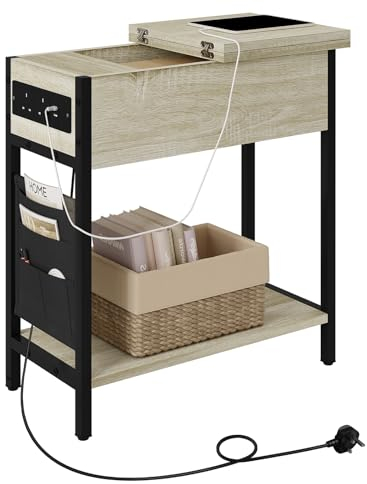 EUGAD Beistelltisch Nachttisch mit Ladestation, Sofatisch, Couchtisch mit Stauraum, Kleiner Tisch, USB-Anschluss, Steckdose, Tasche, klappbare Tischplatte, Helle Eiche