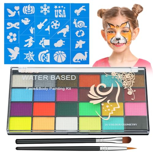 Aomig Kinderschminke Set, 24 Farben Schminkfarben Schminkpalette, Waschbar Face Paint Bodypaint Schminkset, Körperfarbe mit 2 Pinsel und 40 Tattoos für Make-up Fasching Halloween Karneval Weihnachten