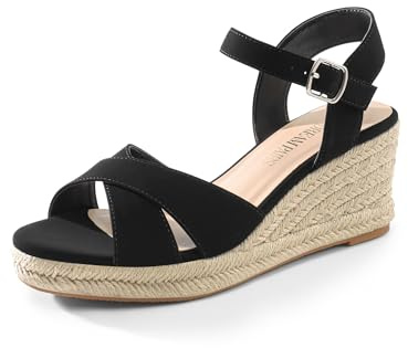 DREAM PAIRS Espadrille Dressy Wedge Sandals, Women's Platform Sandals Casual Summer, Comfortable High Heeled Wedges with Adjustable Buckle,Size 8.5,Black-Nubuck,SDPW2408W
