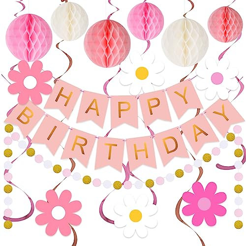 Pink Happy Birthday Banner with Honeycomb Ball, Daisy Flower Hanging Swirl Streamer, Circle Dot Garland - Party Decoration for Women & Girls