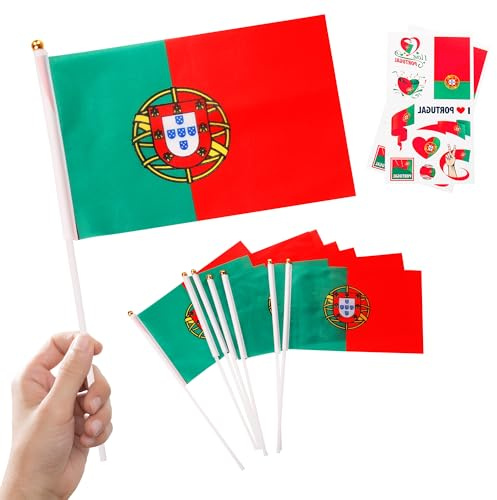 10 x Portugal handflagga miniflagga på pinne 2 tatueringar partydekoration EM VM