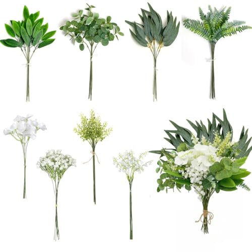 Avoik 62 Stück Künstliche Blumen und Zweige, Weiß Hortensien Kunstblumen Grün Eukalyptus Blätter Künstlich Dekozweige, DIY Kunstblumenstrauss für Brautstrauß Kunstblumenstrauss Hochzeit Party Dekor