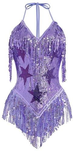 EFOGEP Women's Music Festival Bodysuit: Sexy Halter V Neck Star Sequins Fringe Carnival Rave Outfit Dance Leotard Party Nightclub Halloween Costume Purple S