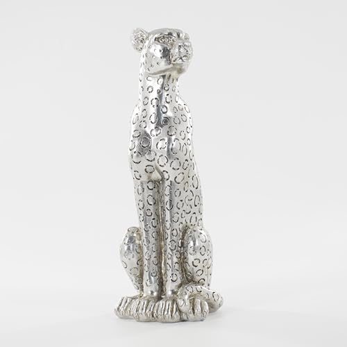 LAIKEARTS Cheetah Statue Silver Leopard Sculpture Home Decor Leopard Sculpture Resin Handmade Sitting Suitable for Living Room Table Center Bedroom Gift for Woman Father